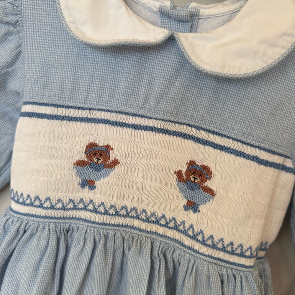 Vintage Strasburg Two Embroidered Bears smocked Puff sleeve dress lined size 4 - Picture 2 of 8